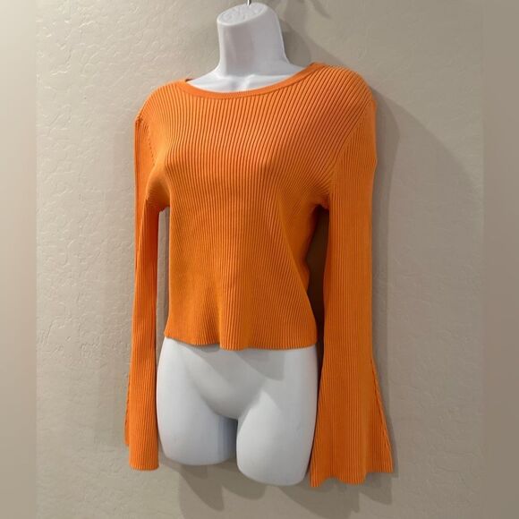 ROYALTY By MALUMA Orange Ribbed Flare Long Sleeves Lace-Up Back Top Small - Picture 6 of 11